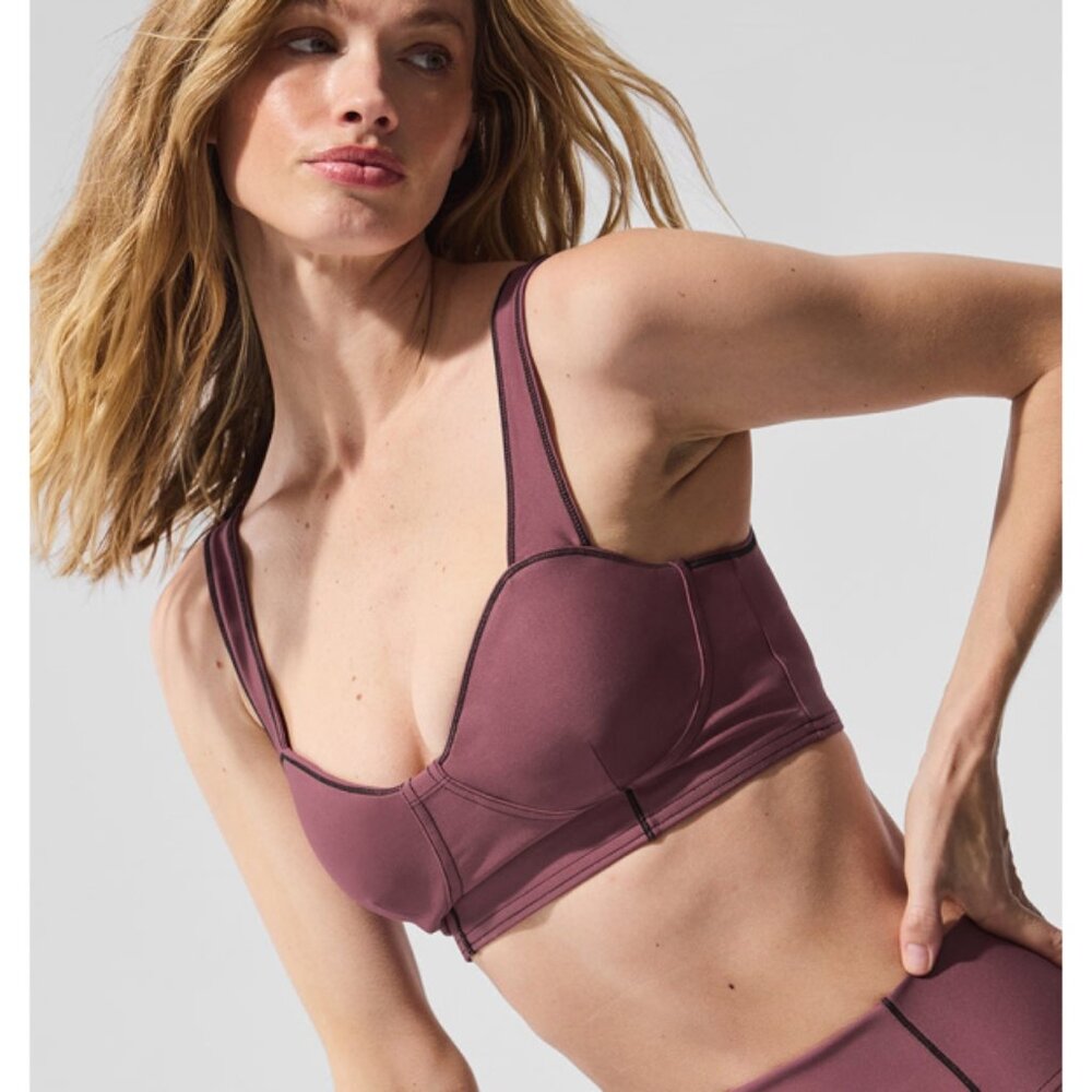Alo Airlift Redefine Bra Burgundy Truffle Black Padded Sports Bralette Crop Top